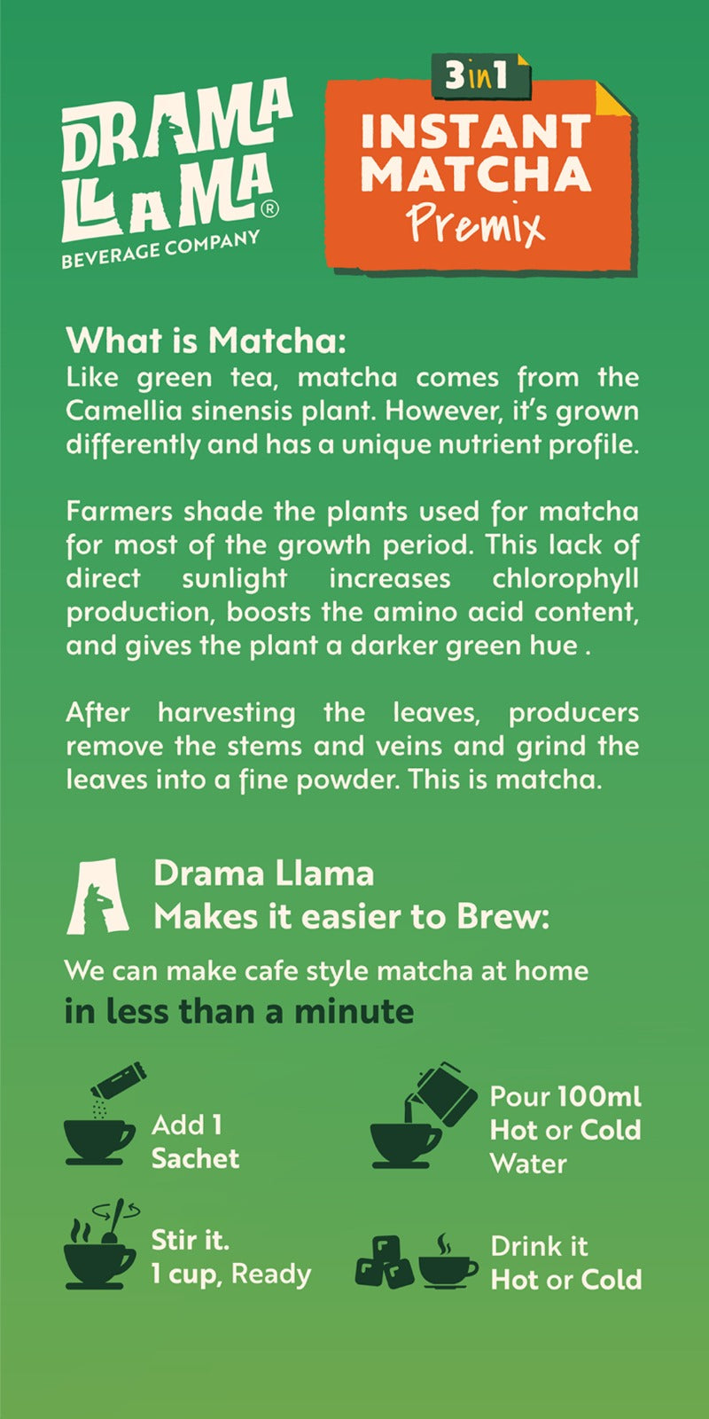 Drama Llama Matcha Premix Latte | 3-in-1 | Pack of 3 Sachets