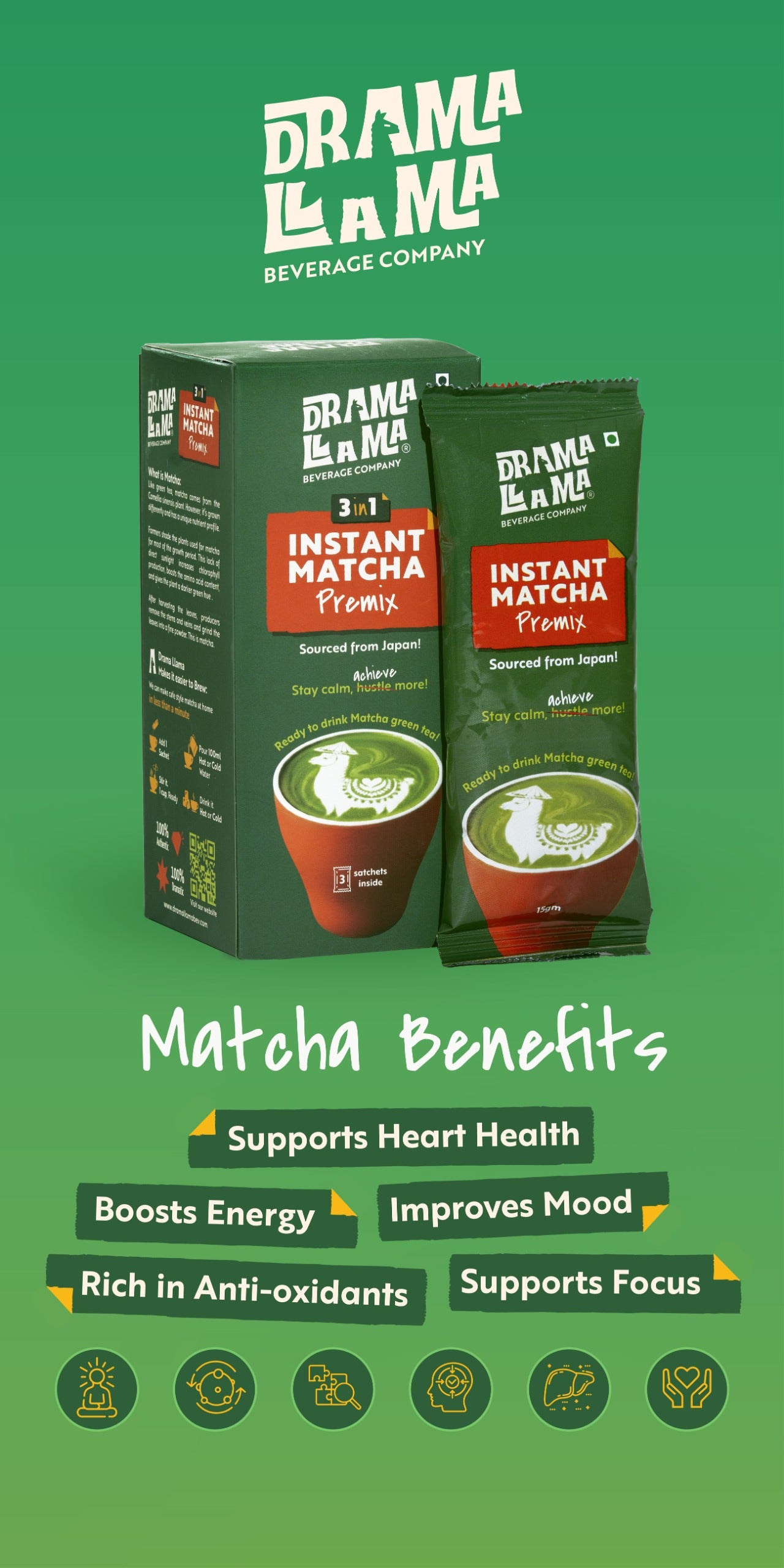 Drama Llama Matcha Premix Latte | 3-in-1 | Pack of 3 Sachets